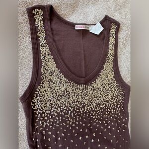 Brown Sleeveless Ribbed Tank with Gold Embellishments